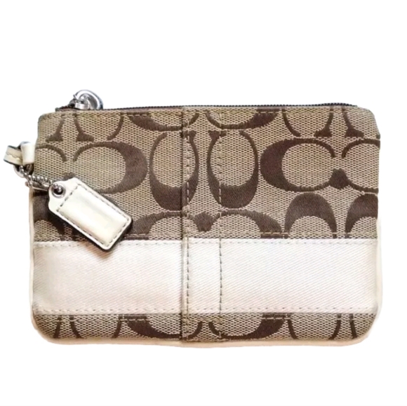 🤍 Vintage Coach Light Khaki Chalk White Signature Stripe Wristlet Y2K - Picture 2 of 7